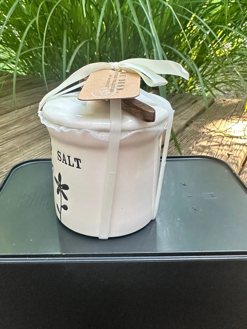 NWT Rae Dunn White Ceramic Salt Jar Canister with Lid & Mini Wooden Spoon